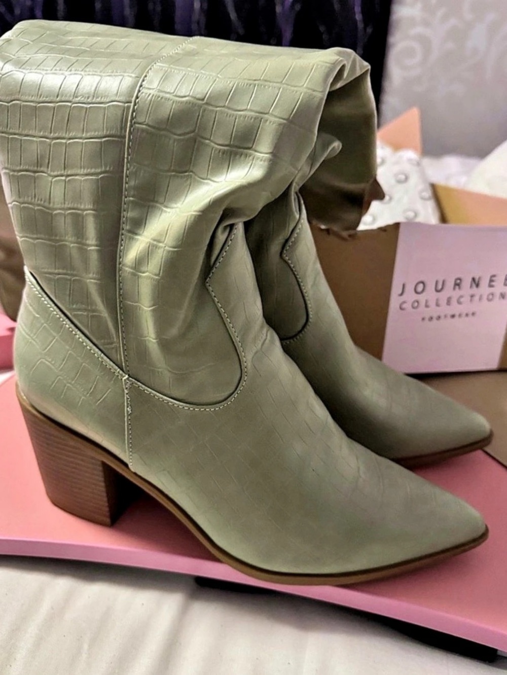 New Wide Calf Sage Green Croc-Embossed Heeled Boots